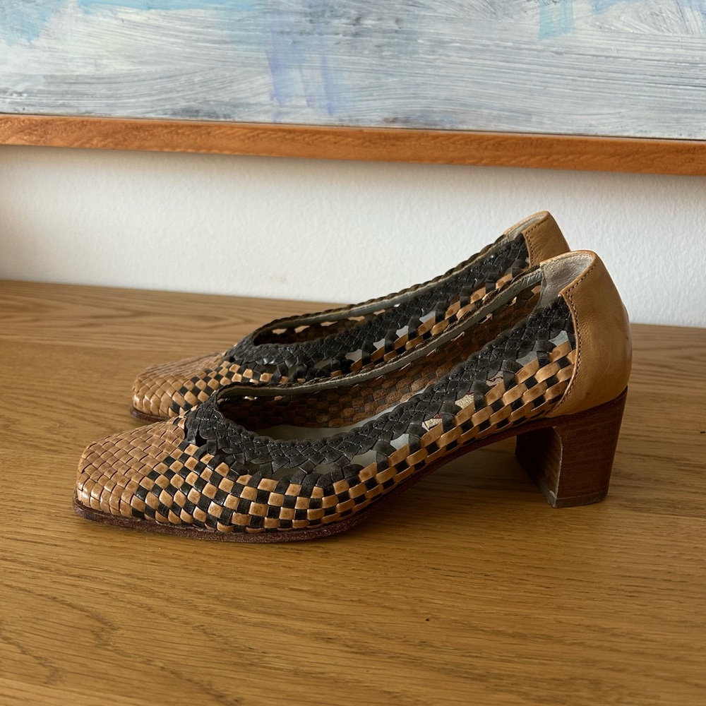 Vintage Woven Leather Block Heels
